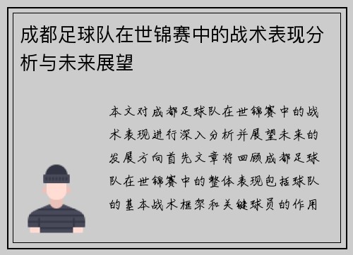 成都足球队在世锦赛中的战术表现分析与未来展望