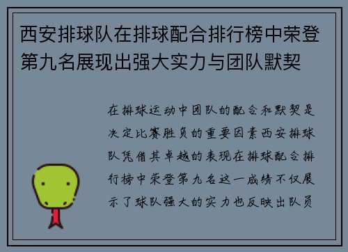 西安排球队在排球配合排行榜中荣登第九名展现出强大实力与团队默契