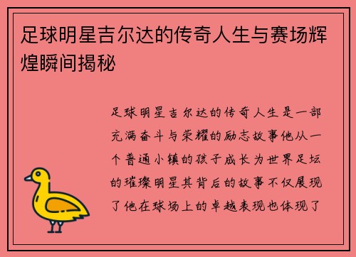 足球明星吉尔达的传奇人生与赛场辉煌瞬间揭秘